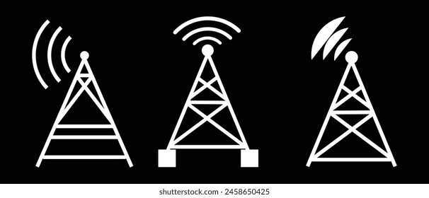 Radio tower  mast with radio waves for broadcast transmission line art vector icon for apps and websites, white radio tower design . Eps10.