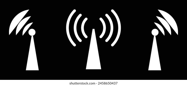 Radio tower  mast with radio waves for broadcast transmission line art vector icon for apps and websites, white radio tower design . Eps10.