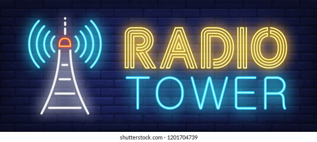 Radio tower neon sign. Transmitter or antenna on brick wall background. Vector illustration in neon style for radio station and broadcasting