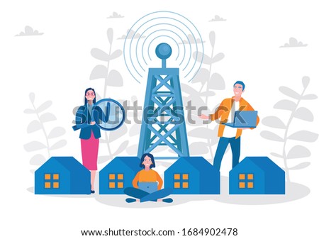 Radio tower and people with devises in city or town. Vector illustration for web banner, infographics, mobile