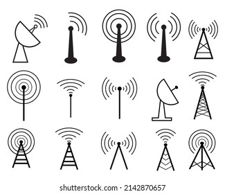 Torre De Radio E Iconos Lineales De Polo. Torre de comunicación de radio, Transmisor, Paquete de símbolos de contorno de antena. Tecnología inalámbrica moderna, ilustración del conjunto de iconos del vector para telecomunicaciones