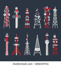 Radio tower set, media and information technology. Telecommunications and broadcasting, television station. Vector flat style cartoon tower illustration on black background