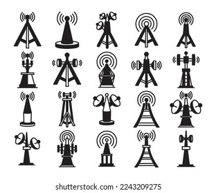 radio tower and signal icons set vector illustration