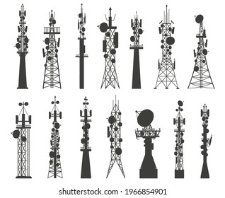 Radio tower silhouette. Satellite communication antenna. Telecom network cellular broadcast equipment. Wireless technology masts vector set. Equipment for internet waves transmission