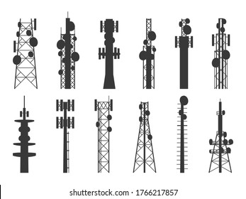 Radio tower silhouettes. Transmission cellular towers, television, internet and broadcasting antenna, satellite signal telecom masts. Vector isolated set