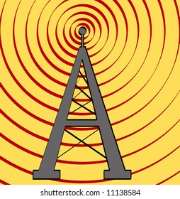 radio tower with sound waves on yellow background - vector