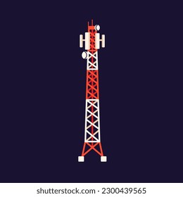 Radio tower, telecommunication mast. Broadcasting, cellular signal transmission base. Transmitting equipment with antenna and dishes. Telecom, telecommunication. Isolated flat vector illustration