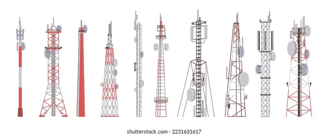 Funkturm Turm Turm Kommunikationstechnik Antennensymbole Set. Hochwertige Vektorgrafik-Rundfunkausrüstung einzeln auf Weiß. Bau in der Stadt mit drahtloser Netzwerksignalstation