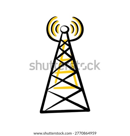 Radio tower transmitting waves. Communication, broadcast, and telecommunication concept vector.