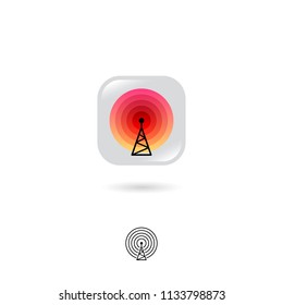 Radio tower, UI icon. Wireless technology, Internet emblem. Rounded square with tower, signals on a white background. Web icon. Contour option.