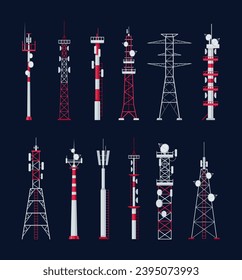 Torre de radio. Icono vectorial conjunto de torres de comunicación para TV, internet, radiodifusión, señal satelital, red, señal de radar, radio. Estructuras de telecomunicaciones de la ciudad, antena. Tecnología de televisión