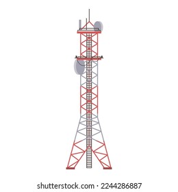 Radioturm, Vektorgrafik. Drahtloses Mobilnetz, Funkstation oder Radarsignal, Flachbildfernsehgeräte für den Rundfunk. Cartoon Towerantenbau für Zelltelekommunikation