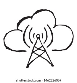 Radio tower with waves of signals on the background of the cloud. Wireless data transfer. Vector illustration. Simple hand drawing icon.