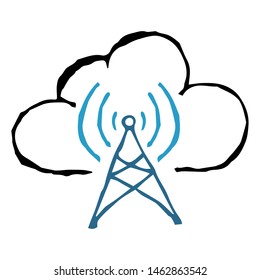 Radio tower with waves of signals on the background of the cloud. Wireless data transfer. Vector illustration. Simple hand drawing icon.