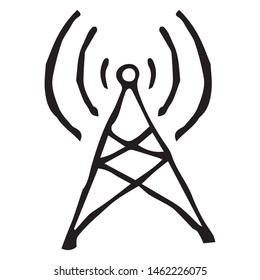 Radio tower with waves of signals. Wireless data transfer. Vector illustration. Simple hand drawing icon.