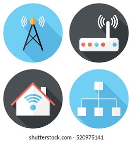 Radio tower and WI-FI icons. Flat design style modern vector illustration. Isolated on stylish color background. Flat long shadow icon. Elements in flat design.