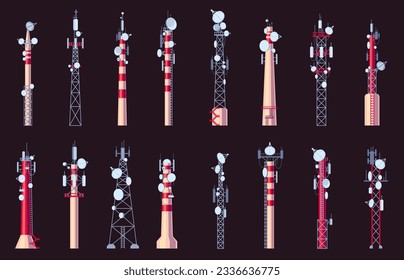 Radio towers. Radio antenna for wireless communication and broadcasting, telecommunication network connection and reception technology. Vector set of station broadcast tower signal illustration