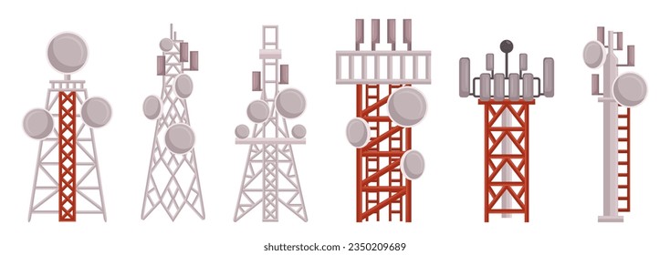 Radio Towers Enable Broadcasting Of Information And Entertainment To Wide Areas. Tall Structures Supporting Antennas For Transmitting Signals. Essential For Communication. Cartoon Vector Illustration