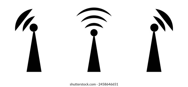 Radio towers, masts thin line icons set isolated on white. Satellite antenna, dish outline pictograms collection. Telecommunications, broadcasting structures vector elements for infographic, eps10.