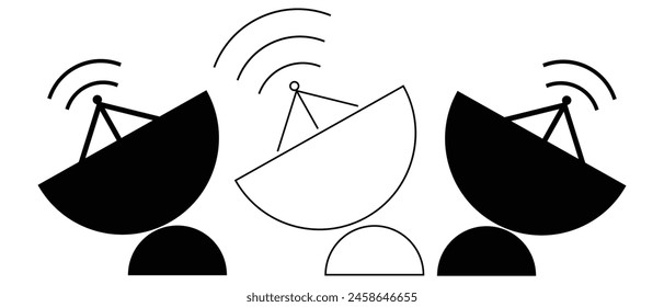 Torres de radio, mástiles de iconos de línea delgada conjunto aislado en blanco. Antena satelital, colección de pictogramas con contorno de antena. Telecomunicaciones, estructuras de difusión Elementos de Vector para infografía, eps10.