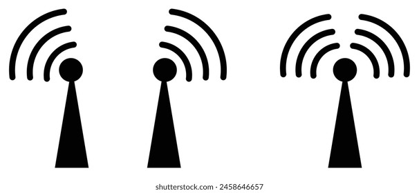 Torres de radio, mástiles de iconos de línea delgada conjunto aislado en blanco. Antena satelital, colección de pictogramas con contorno de antena. Telecomunicaciones, estructuras de difusión Elementos de Vector para infografía, eps10.