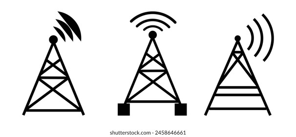 Radio towers, masts thin line icons set isolated on white. Satellite antenna, dish outline pictograms collection. Telecommunications, broadcasting structures vector elements for infographic, eps10.