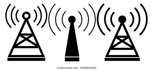 Torres de radio, mástiles de iconos de línea delgada conjunto aislado en blanco. Antena satelital, colección de pictogramas con contorno de antena. Telecomunicaciones, estructuras de difusión Elementos de Vector para infografía, eps10.