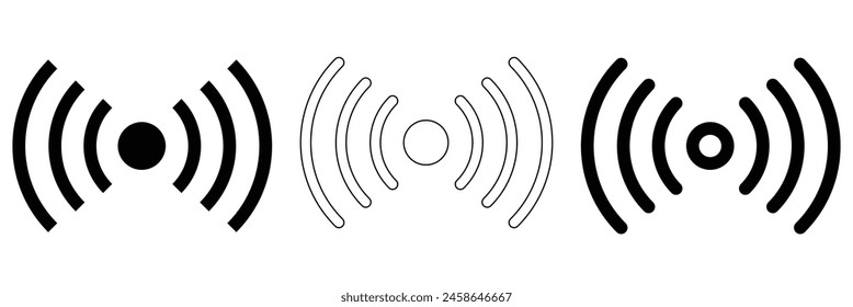 Radio towers, masts thin line icons set isolated on white. Satellite antenna, dish outline pictograms collection. Telecommunications, broadcasting structures vector elements for infographic, eps10.