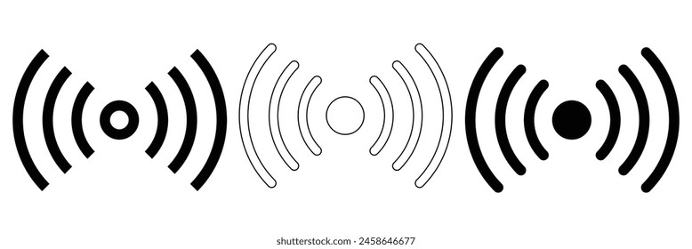 Radio towers, masts thin line icons set isolated on white. Satellite antenna, dish outline pictograms collection. Telecommunications, broadcasting structures vector elements for infographic, eps10.