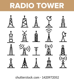 Radio Towers und Masten Vektorgrafik Lineare Icons Set. Radio Communication Tower, Transmitter, Antenna Outline Symbols Pack. Moderne Wireless-Technologie, Fernmeldeabbildung - einzelne Contour-Illustration