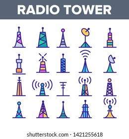 Iconos Lineales De Los Vectores De Radio Y Masts. Torre de comunicación de radio, Transmisor, Paquete de símbolos de esquema de antena. Moderna Tecnología Inalámbrica, Telecomunicaciones Ilustración De Contacto Aislado