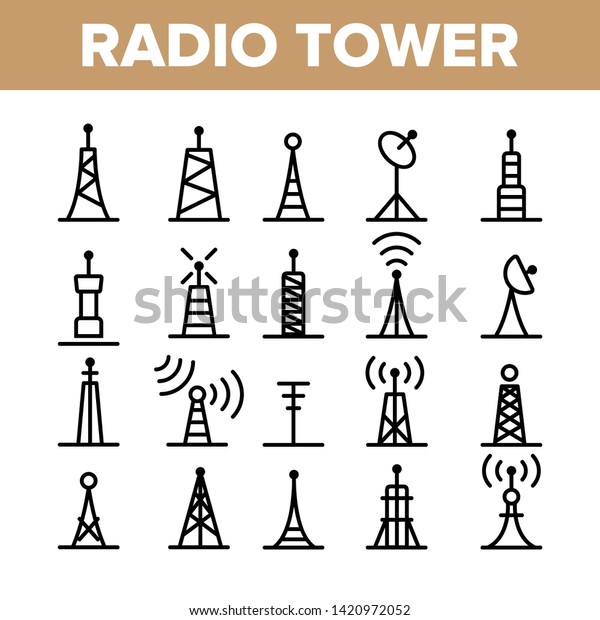 Radio Towers And Masts Vector Linear Icons\
Set. Radio Communication Tower, Transmitter, Antenna Outline\
Symbols Pack. Modern Wireless Technology, Telecommunication\
Isolated Contour\
Illustration
