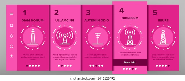 Radio Towers And Masts Vector Onboarding Mobile App Page Screen. Radio Communication Tower, Transmitter, Antenna Outline Symbols Pack. Modern Wireless Technology, Telecommunication Illustration