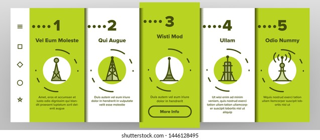 Radio Towers And Masts Vector Onboarding Mobile App Page Screen. Radio Communication Tower, Transmitter, Antenna Outline Symbols Pack. Modern Wireless Technology, Telecommunication Illustration