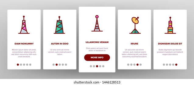 Radio Towers And Masts Vector Onboarding Mobile App Page Screen. Radio Communication Tower, Transmitter, Antenna Outline Symbols Pack. Modern Wireless Technology, Telecommunication Illustration