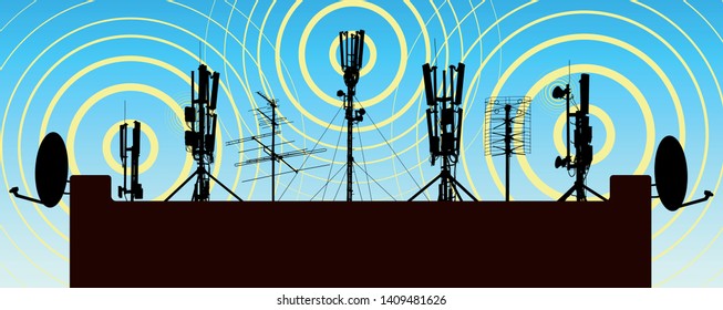 Radio towers on the roof of the house. Antenna on the house. Repeater radiant