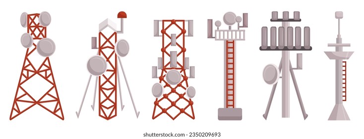 Radio Towers, Tall Structures For Transmitting Signals. Equipped With Antennas To Broadcast And Receive Radio Waves, Facilitating Communication Over Long Distances. Cartoon Vector Illustration