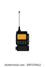 Radio transceiver. Black rectangle portable device with yellow screen and antenna. Vector 3d illustration isolated on white background
