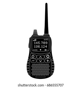 Radio transceiver with screen and antenna. Black flat icon. Vector illustration isolated on white background