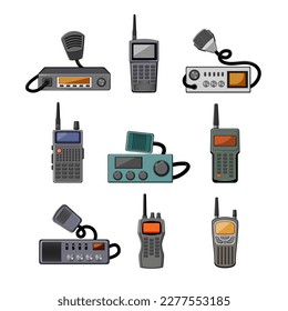 radio transceiver set cartoon. antenna mobile, security technology, portable wireless, police talkle, wave radio transceiver vector illustration