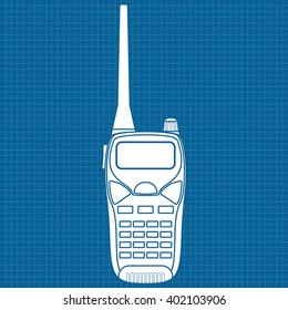 Radio transceiver. Talkie icon. Vector illustration on blueprint background
