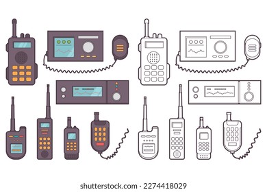 Radio transceiver vector cartoon set isolated on a white background.