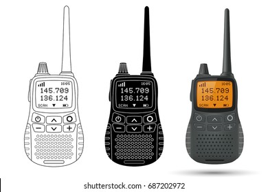 Radio transceiver with yellow screen and antenna. Vector 3d illustration, outline and black icons isolated on white background