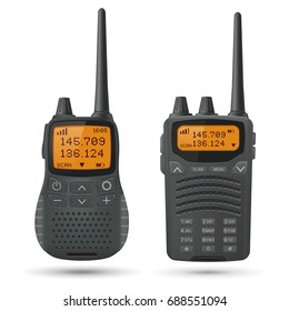 Radio transceivers. Black rectangle portable devices with yellow screen and antenna. Vector 3d illustration isolated on white background