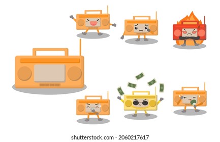 Radio transister cartoon characters in various posing and emotional such as happy, sad, angry, laughing, rich, hot. Vector radio  transistor character or mascot in different pose and activities