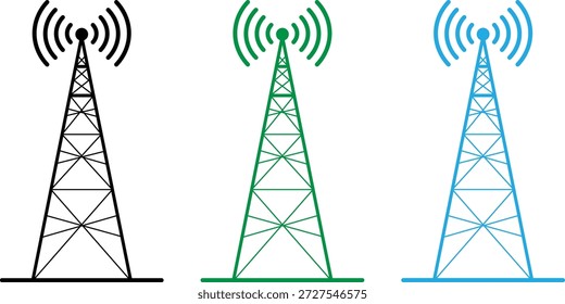 Silueta y contorno de la antena de señal inalámbrica del conjunto de Vectores del icono de la torre de la transmisión de radio