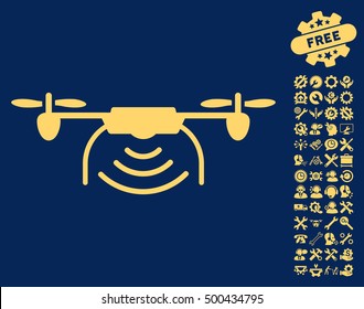 Radio Transmitter Airdrone icon with bonus options design elements. Vector illustration style is flat iconic symbols, yellow color, blue background.