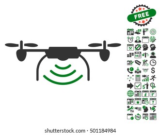 Radio Transmitter Airdrone icon with bonus calendar and time management symbols. Vector illustration style is flat iconic symbols, green and gray colors, white background.