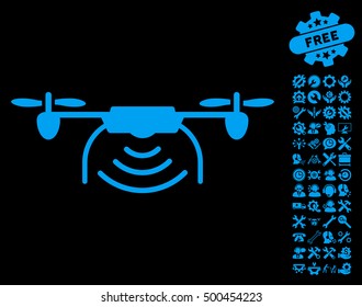 Radio Transmitter Airdrone pictograph with bonus setup tools symbols. Vector illustration style is flat iconic symbols, blue color, black background.