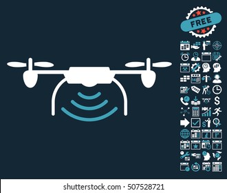 Radio Transmitter Airdrone pictograph with bonus calendar and time management pictograph collection. Vector illustration style is flat iconic symbols, blue and white colors, dark blue background.